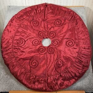 Stratford Home Red Christmas Tree Skirt Swirl Embroidered Pleated Edge Satin